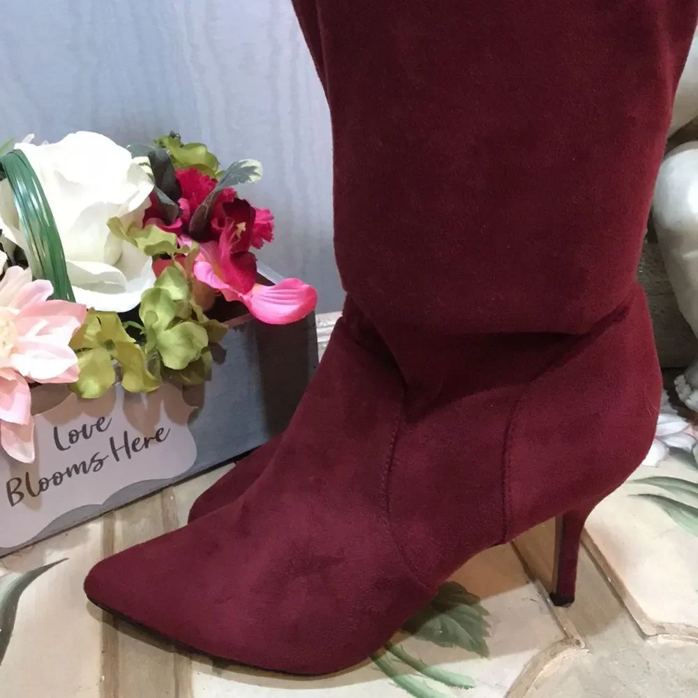 Eloquii Over the Knee Boots Burgandy Faux Suede Sz 7W